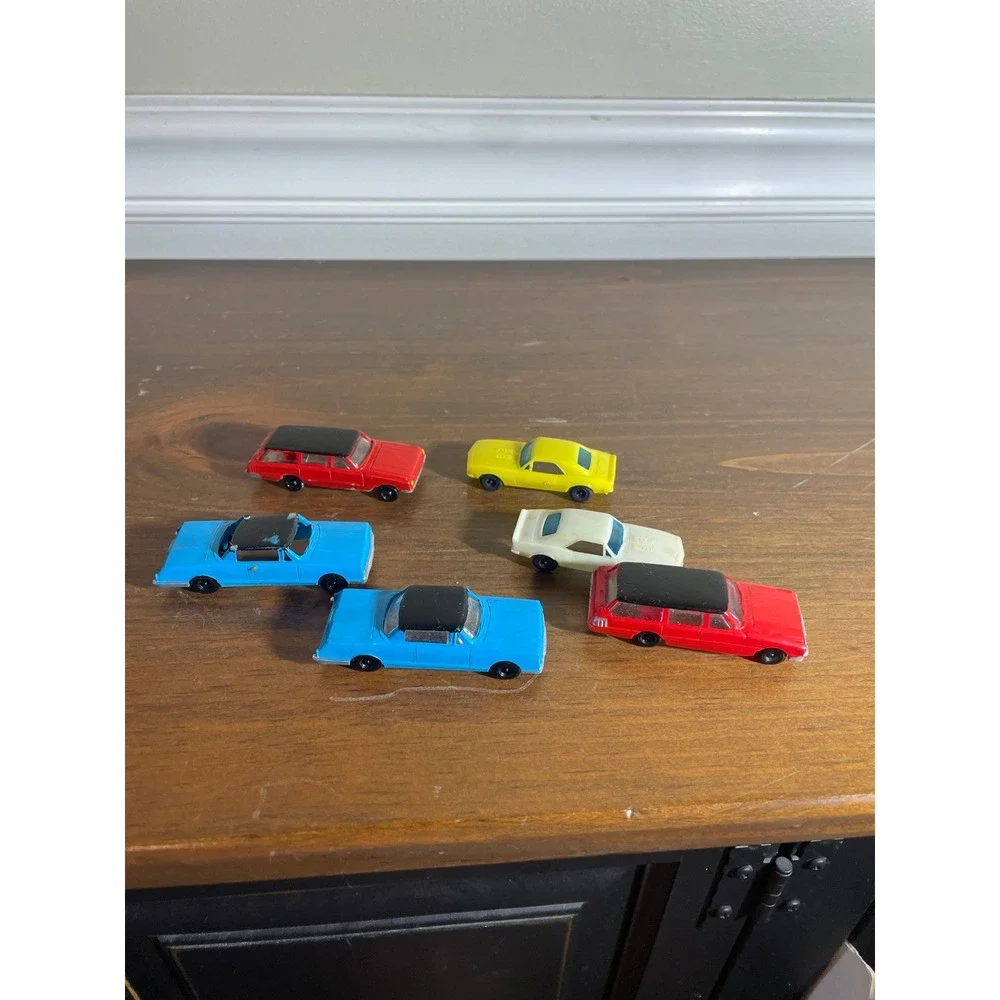 Vintage Plastic Toy Car Lot 6pc Miniature Station Wagon Coupe Yellow Blue Red